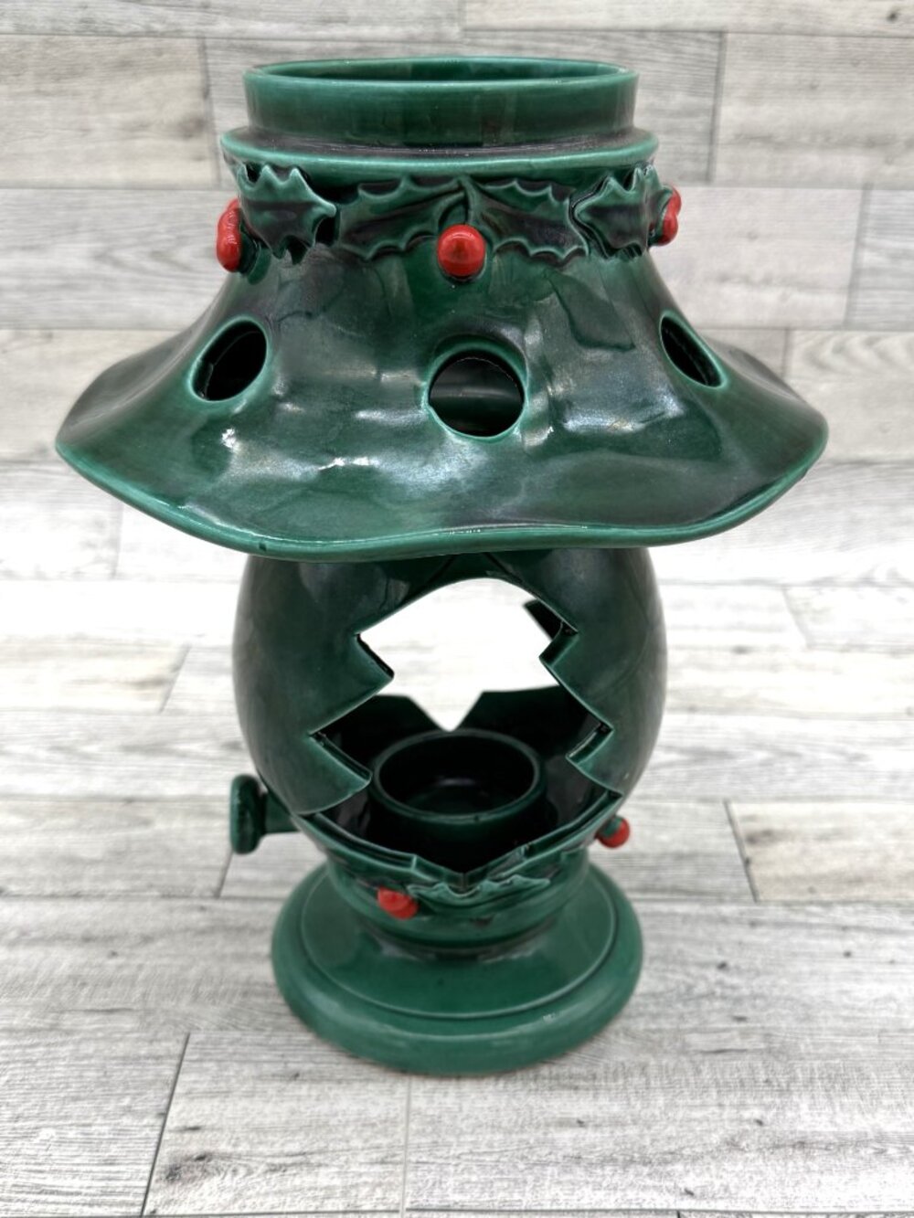 Vintage Lefton Green Holly Berry Christmas Tree Cut-Out Ceramic Candle Lantern